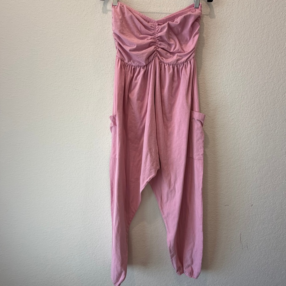 Bucket List Pink Strapless Harem Jumpsuit Ruched Tube Top Pockets Large K5280 - Picture 4 of 5
